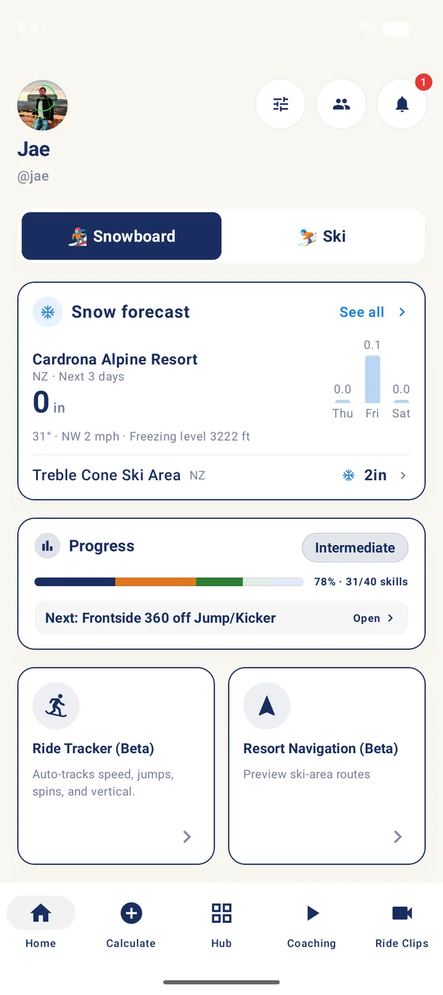 StancePro home screen with skill progress, snow forecast and ride tracker cards