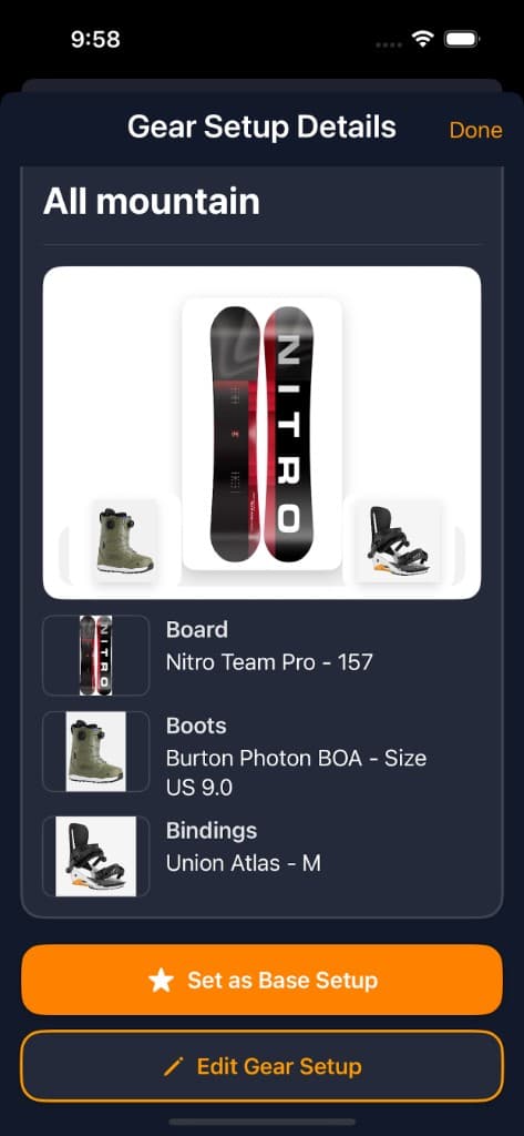 StancePro gear setup details with saved board, boots and bindings