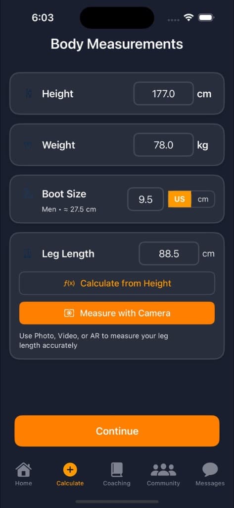 StancePro body measurements form with height, weight, boot size and leg length